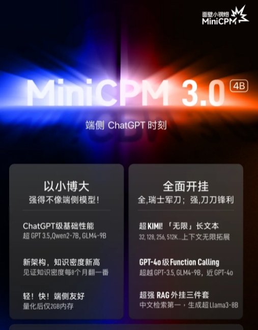 面壁智能发布MiniCPM 3.0：端侧AI模型的新突破